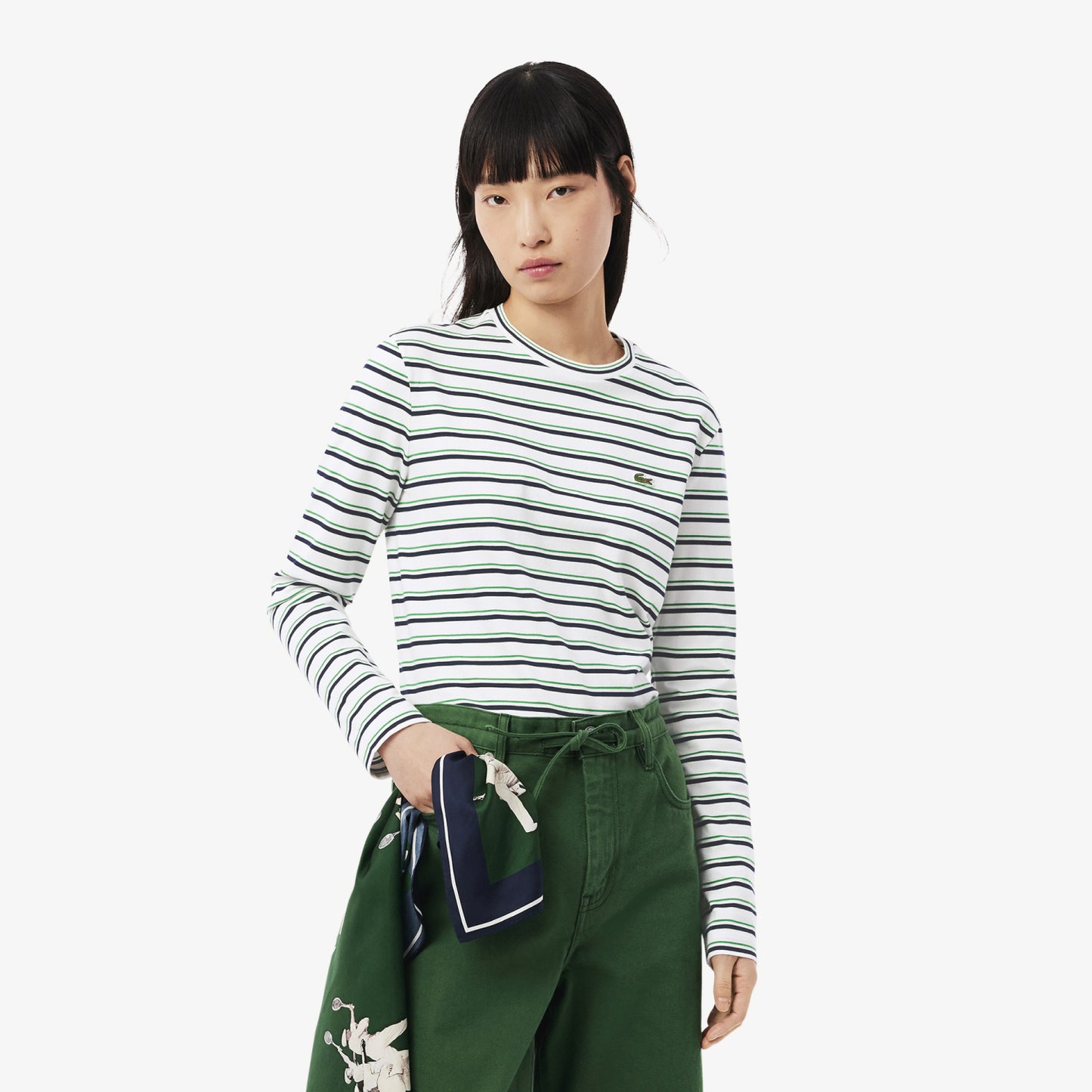 T-Shirt cuello redondo para Mujer color Blanca De Rayas Verdes Y Azules