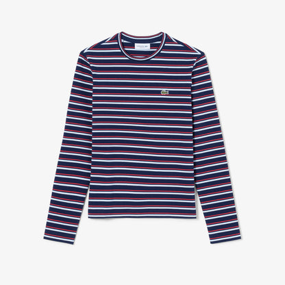 T-Shirt cuello redondo para Mujer color Azul Lineas Blanca Y Rojas