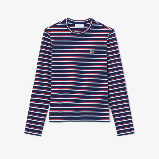 T-Shirt cuello redondo para Mujer color Azul Lineas Blanca Y Rojas