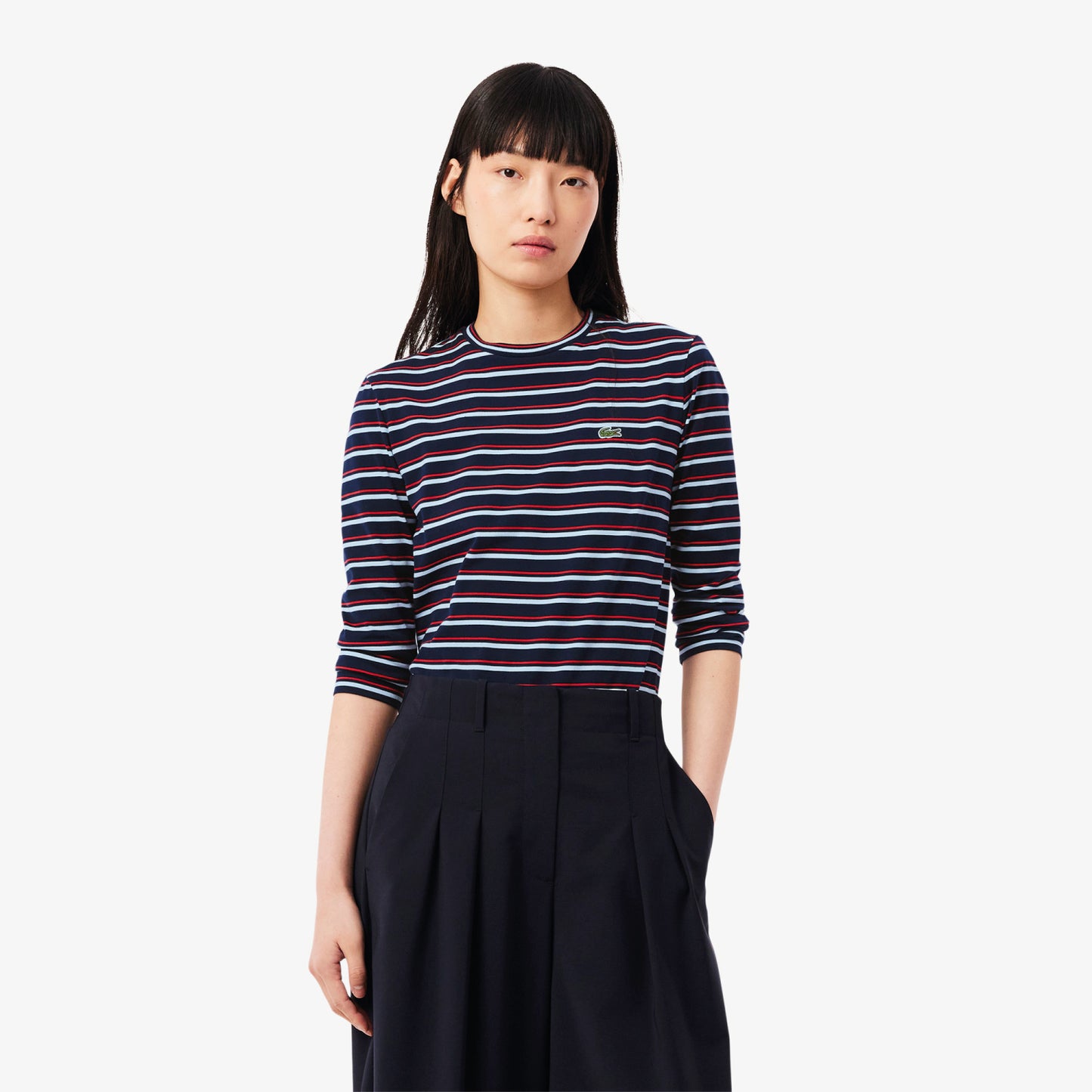 T-Shirt cuello redondo para Mujer color Azul Lineas Blanca Y Rojas